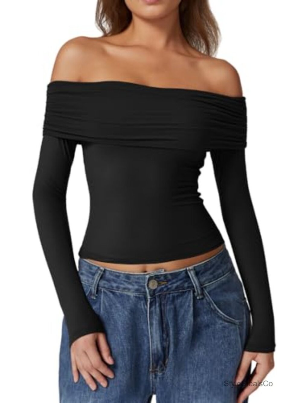 Off Shoulder Long Sleeve Crop Top Slim Fit Double Lined Stretch Tee